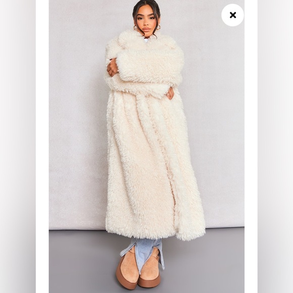 NWT PLT PRETTYLITTLETHING Soft Touch Longline Borg Coat Cream Size US 2 UK 6 - Picture 2 of 16